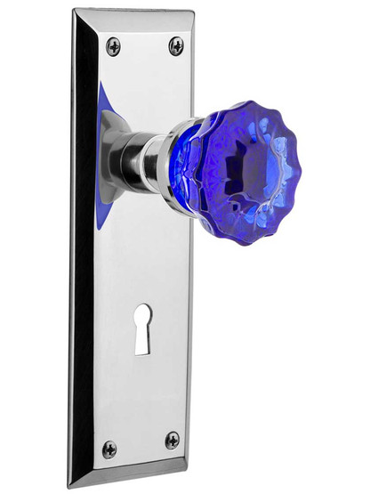 New York Mortise Lock Set with Colored Fluted Crystal Glass Knobs Cobalt Blue in Polished Chrome.